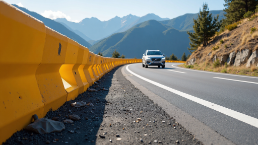 道路护栏产品，金属材质，橙色反光条，城市道路安全防护设施，白天户外拍摄