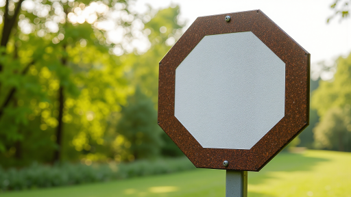 交通标志牌产品，圆形红色禁行标志，白色边框，铝板材质，户外安装效果